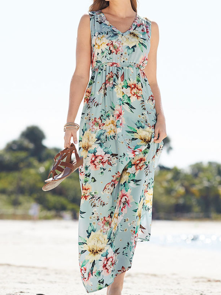 

Floral V Neck Casual Loose Dress, Multicolor, Maxi Dresses