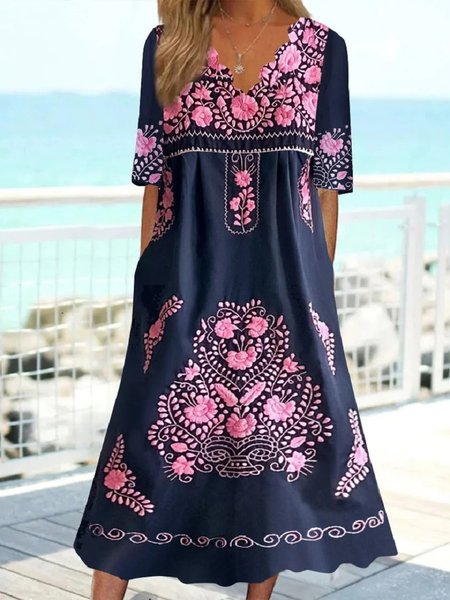 

Loose Crew Neck Mexican Culture Casual Dress, Multicolor, Dresses