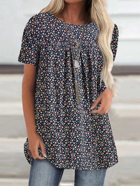 

Crew Neck Floral Ruched Casual Top, Dark blue, Shirts & Blouses
