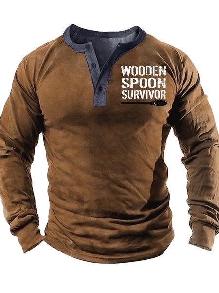 

Men's Wooden Spoon Survivor Funny Graphic Print Regular Fit Half Turtleneck Casual Top, Khaki, Long Sleeves