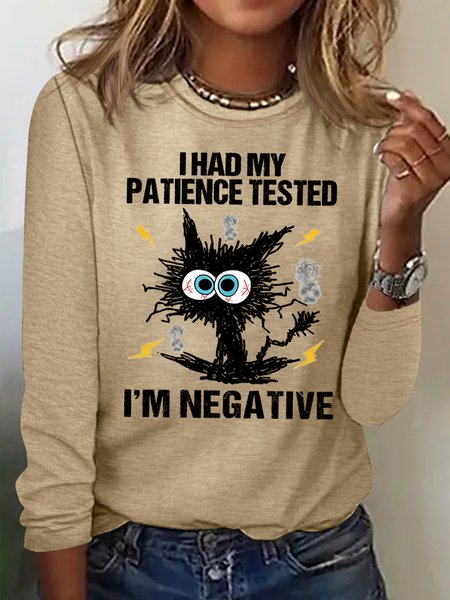 

Women's I Had My Patience Tested I Am Negative Funny Bang Pussy Graphic Print Text Letters Cotton-Blend Casual Loose Top, Khaki, Long sleeves