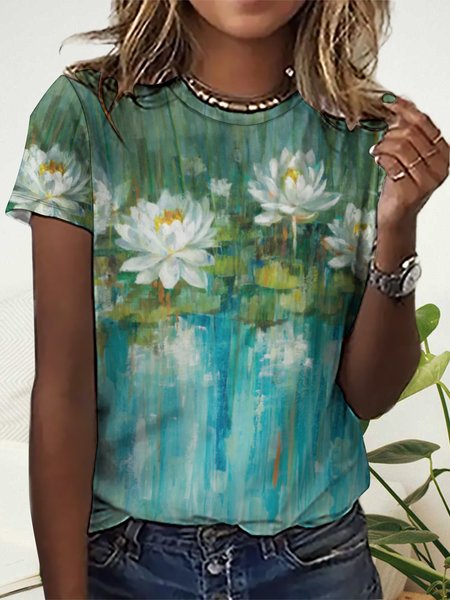 Women's Floral Water Lily Print Crew Neck Simple T-Shirt, Green, T-shirts