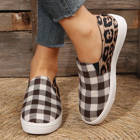 

Plaid Leopard Graphic-Print Canvas Flat Shoes, Khaki, Women Shoes