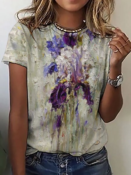 

Women‘s Loose Crew Neck Floral Print Simple T-Shirt, As picture, T-shirts