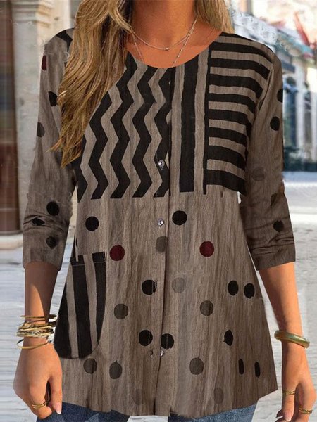 

Casual Geometric Loose Crew Neck Blouse, Khaki, Shirts & Blouses