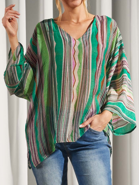 

Casual Striped Cotton-Blend Regular Fit Top, Green, Shirts & Blouses