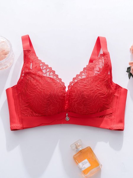 

Underwireless Lace Floral Bra Plus Size Full Coverage Adjustable Massage Bra, Red, Wireless