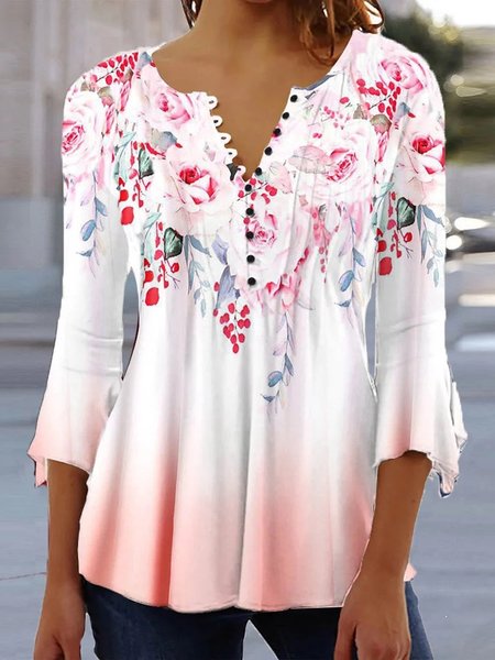 

Regular Fit V Neck Floral Casual Top, Pink, T-Shirts