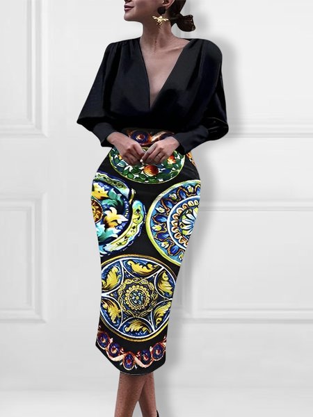 

Elegant Regular Fit Long Sleeve V Neck Midi Dress, Multicolor, Midi Dresses