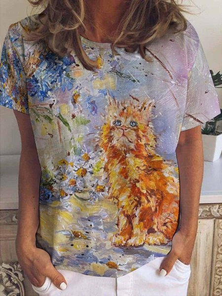

Women's Floral Cat Drawing Art Funny Print Casual Loose Plants Crew Neck T-Shirt, As picture, T-shirts