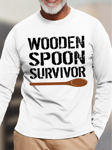 

Men's Wooden Spoon Survivor Funny Graphic Print Loose Casual Cotton Text Letters Top, White, Long Sleeves