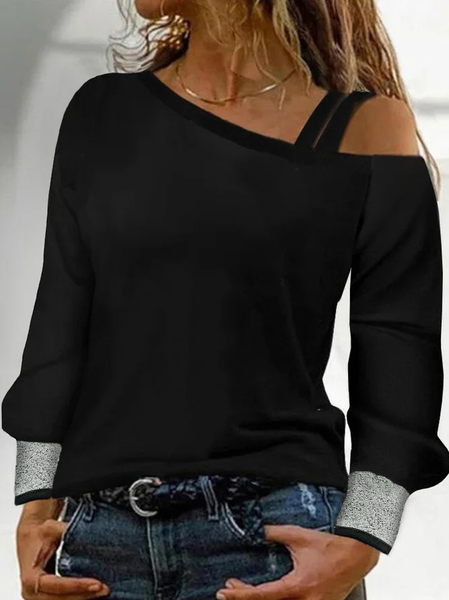 

Loose Plain Casual Long sleeve Cold Shoulder T-Shirt, Black, Blouses