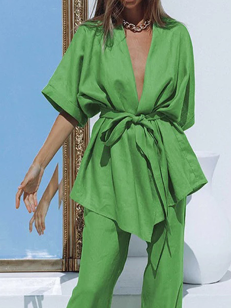 

Loose V Neck Short sleeve Casual Blouse, Green, Blouses and Shirts