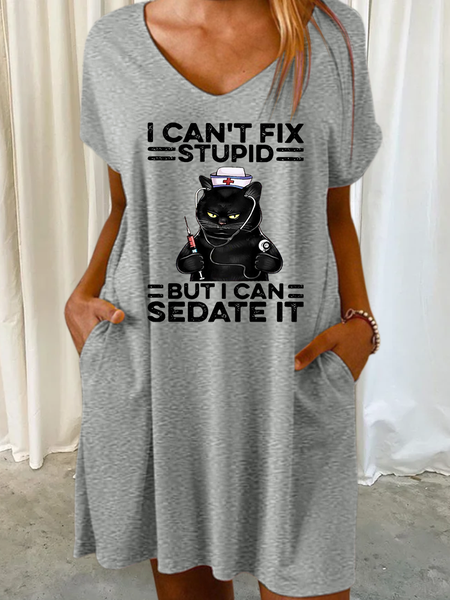

Women‘s Funny Black Cat Nurse I Can't Fix Stupid But I Can Sedate It Casual Dress, Gray, Dresses