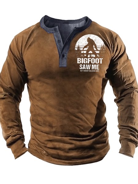 

Men's Big Foot Saw Me But Nobody Believe Him Funny Graphic Print Casual Text Letters Half Turtleneck Regular Fit Top, Khaki, Long Sleeves