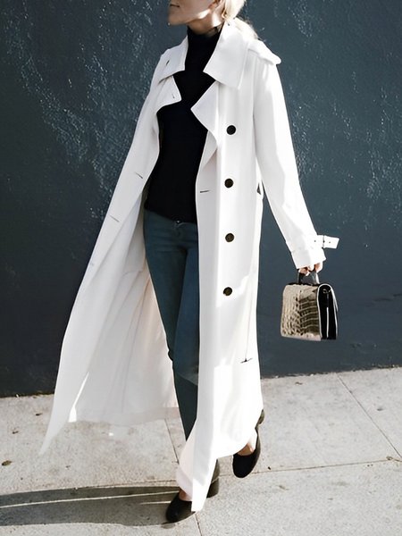 

Loose Lapel Collar Plain Simple Long Sleeve Trench Coat, White, Trench Coats