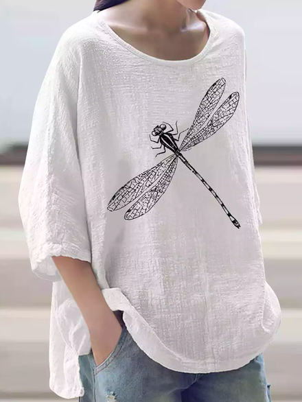 

Linen Casual Dragonfly Top, White, Tunics