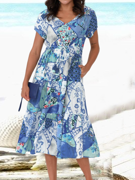 

Regular Fit Floral Boho V Neck Dress, Blue, Dresses