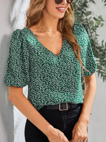 

Floral Casual V Neck Loose Top, Green, Shirts & Blouses