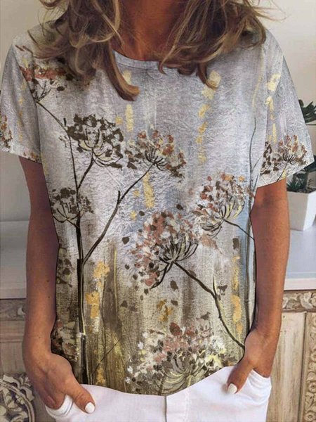 

Women’s Plant Floral Pattern Casual Loose Crew Neck T-Shirt, As picture, T-shirts