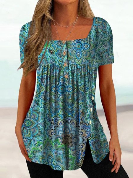 

Loose Ethnic Square Neck Casual Top, Cyan, T-Shirts