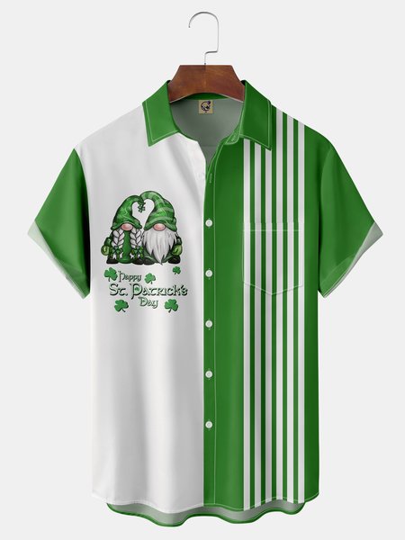 

St. Patrick's Day Gnome Chest Pocket Short Sleeve Bowling Shirt, Green, Men Shirts