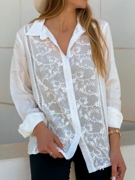 

Shirt Collar Cotton-Blend Casual Blouse, White, Blouses & Shirts