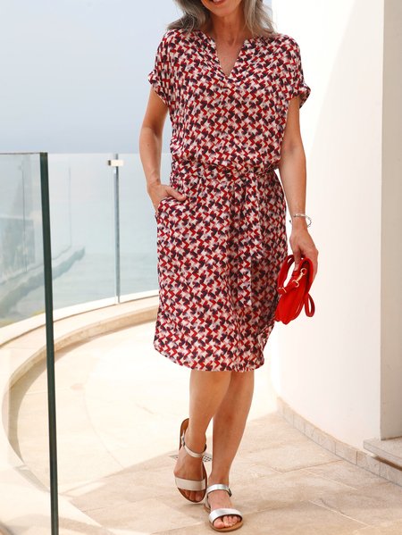Loose V Neck Geometric Casual Dress, Multicolor, Dresses