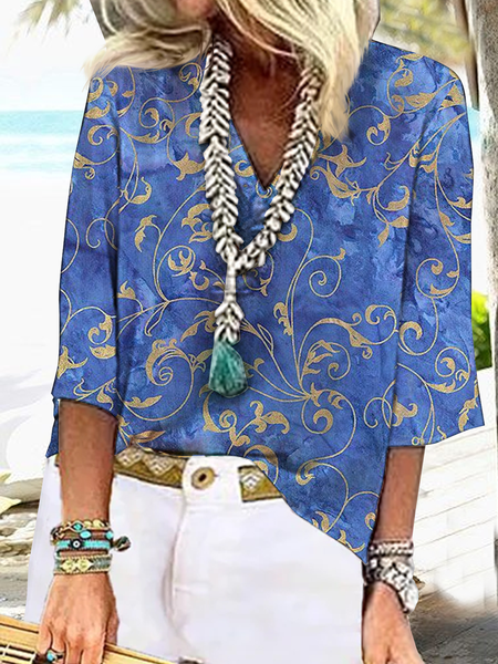 

V Neck Leopard Loose Boho Top, Blue, Shirts & Blouses