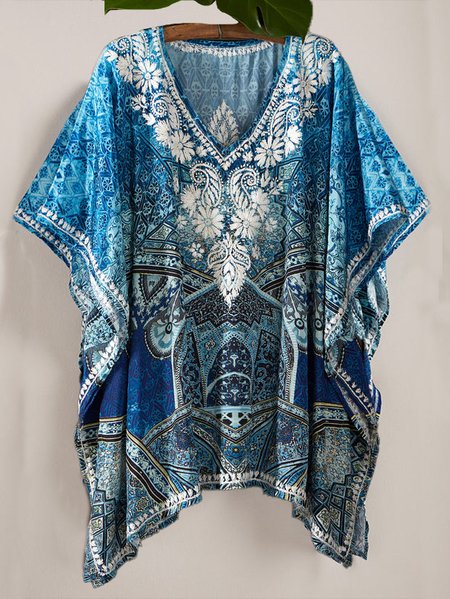 

Loose Casual V Neck Ethnic Top, Blue, Shirts & Blouses