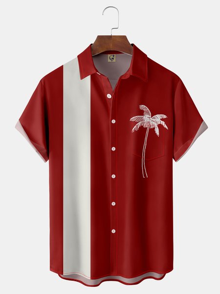 

Coconut Tree Chest Pocket Short Sleeve Bowling Shirt, Red, Men Shirts