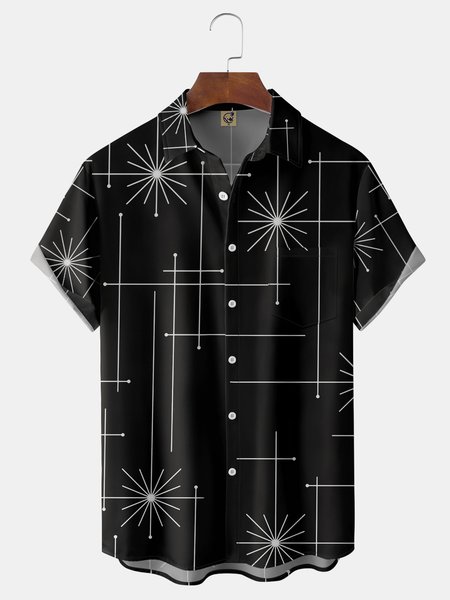 

Geometric Color Block Chest Pocket Short Sleeve Casual Shirt, Black, Men Shirts