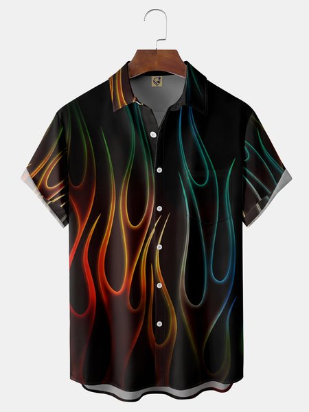 

Flame Chest Pocket Short Sleeve Casual Shirt, Black, Men Shirts