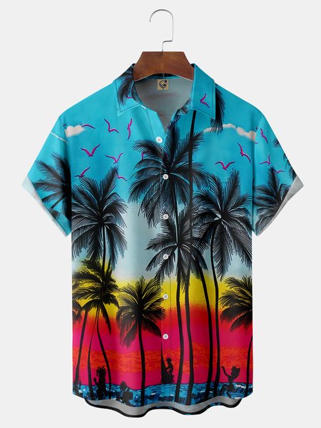 

Coconut Tree Chest Pocket Short Sleeve Hawaiian Shirt, Blue, Men Shirts