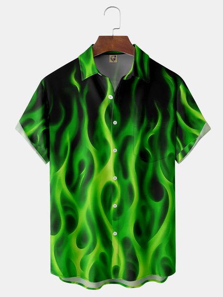 

Flame Chest Pocket Short Sleeve Casual Shirt, Green, Men Shirts