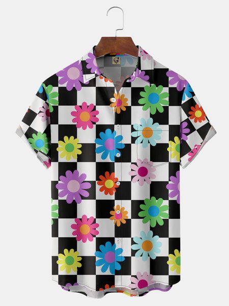 

Geometric Floral Chest Pocket Short Sleeve Hawaiian Shirt, Black, Men Shirts