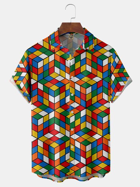 

Magic Cube Chest Pocket Short Sleeve Casual Shirt, Red, Men Shirts