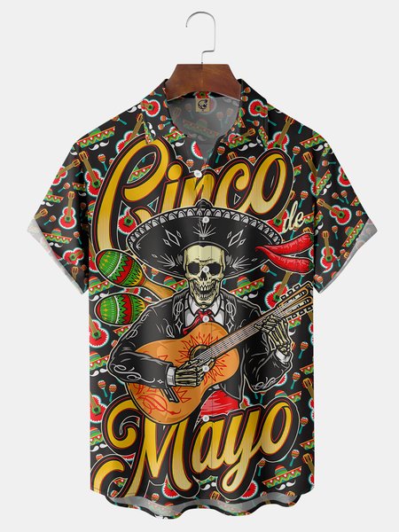

Cinco De Mayo Skull Guitar Chest Pocket Short Sleeve Shirt, Black, Men Shirts