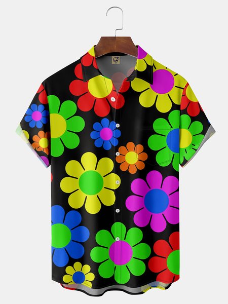 

Flowers Chest Pocket Short Sleeve Hawaiian Shirt, Black, Men Shirts
