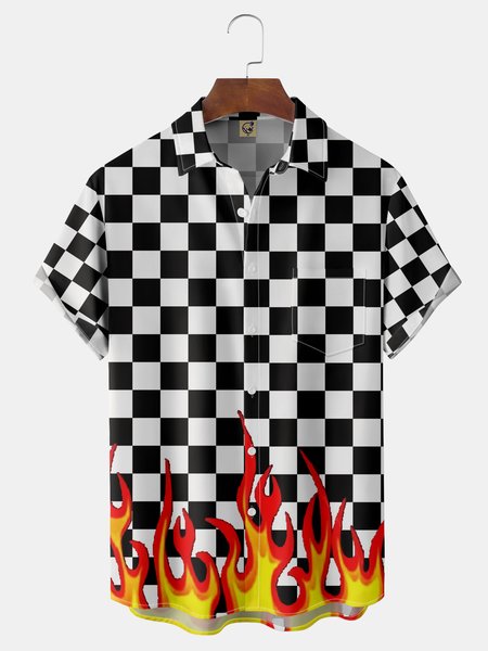 

Funky Checkerboard Flame Chest Pocket Short Sleeve Shirt, White, Men Shirts