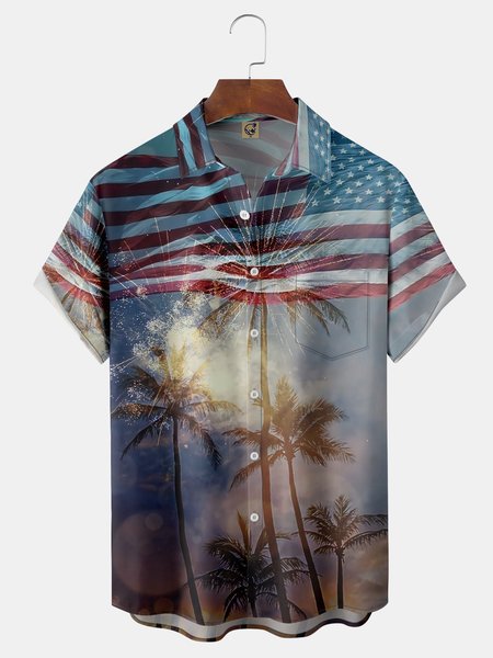 

American Flag Coconut Tree Chest Pocket Short Sleeve Hawaiian Shirt, Blue, Men Shirts