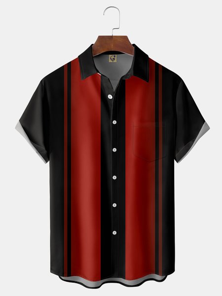 

Gradient Color Chest Pocket Short Sleeve Bowling Shirt, Red, Men Shirts
