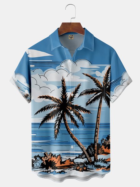 

Coconut Tree Chest Pocket Short Sleeve Hawaiian Shirt, Blue, Men Shirts