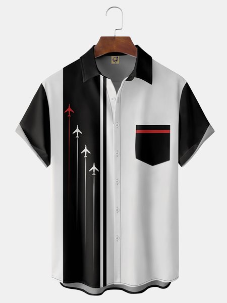 

Aircraft Chest Pocket Short Sleeve Bowling Shirt, Black, Men Shirts