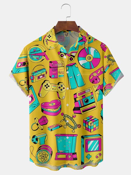 

Vintage Chest Pocket Short Sleeve Casual Shirt, Yellow, Men Shirts