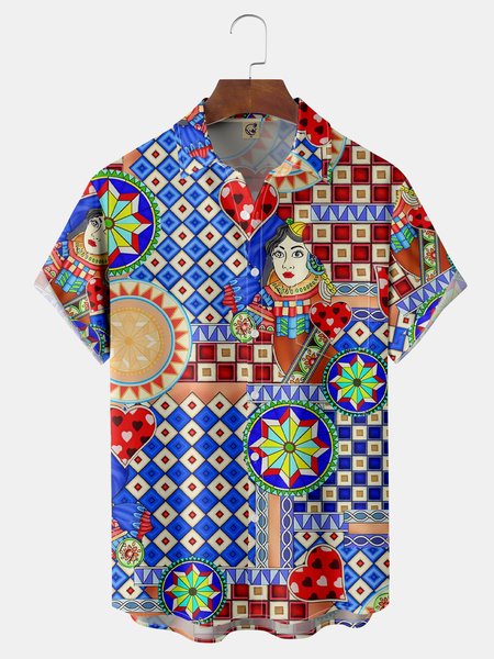 

Mediterranean Tile Chest Pocket Short Sleeve Hawaiian Shirt, Blue, Men Shirts