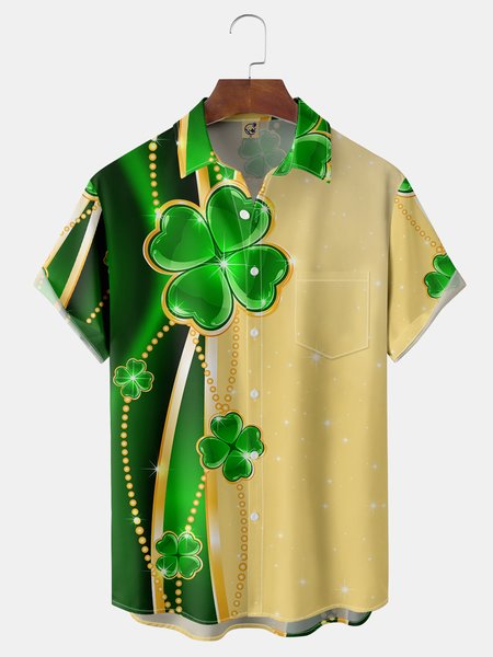 

St. Patrick's Day Chest Pocket Short Sleeve Casual Shirt, Green, Men Shirts