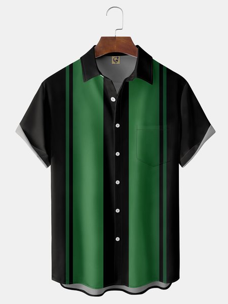 

Gradient Color Chest Pocket Short Sleeve Bowling Shirt, Green, Men Shirts