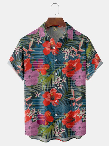 

Floral Chest Pocket Short Sleeve Hawaiian Shirt, Blue, Men Shirts