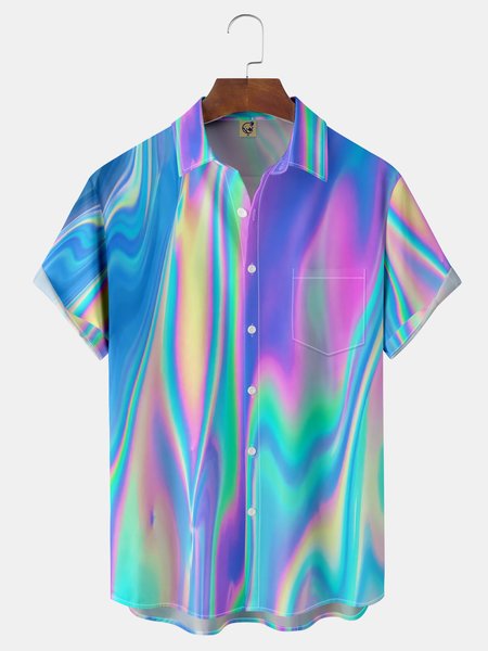 

Gradient Color Chest Pocket Short Sleeve Casual Shirt, Blue, Men Shirts